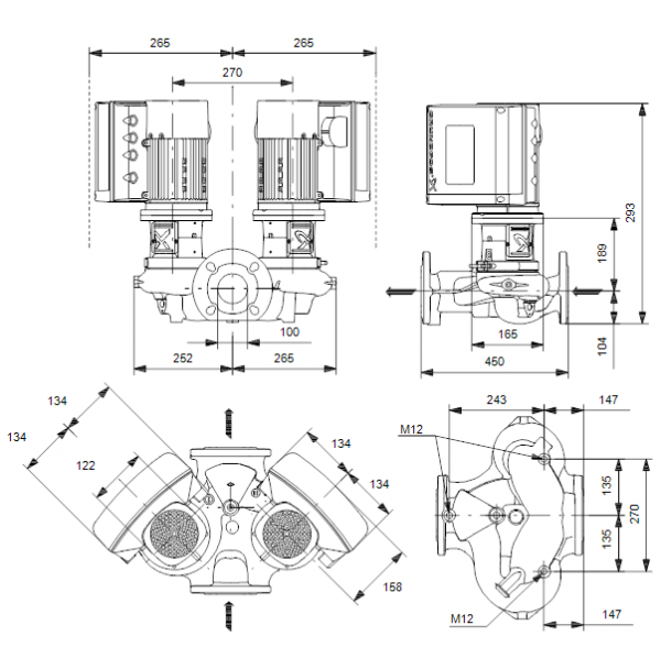 Габариты центробежного сдвоенного насоса Grundfos TPE3 D 100-180 BQBE