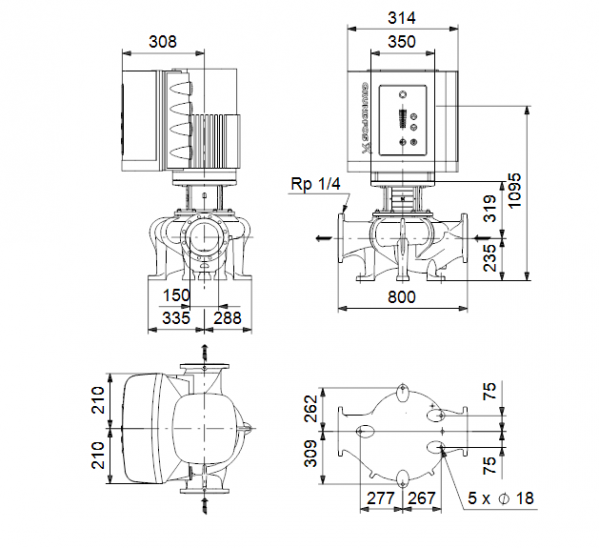 Габариты центробежного насоса Grundfos TPE 150-260/4-S BAQE