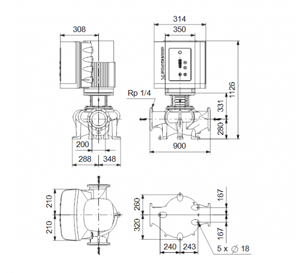 Габариты центробежного насоса Grundfos TPE 200-160/4-S BQQE