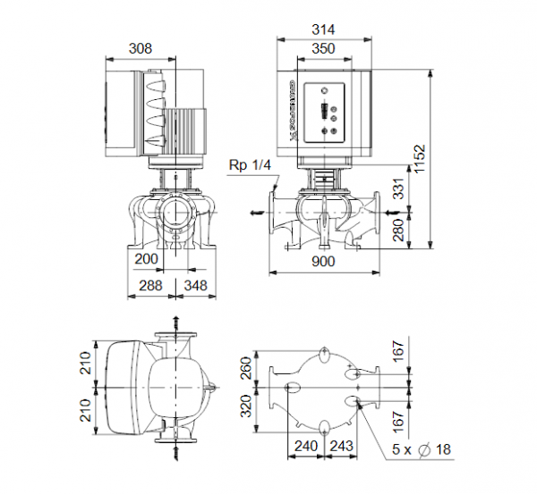Габариты центробежного насоса Grundfos TPE 200-190/4-S BAQE