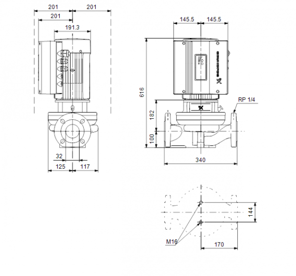 Габариты центробежного насоса Grundfos TPE 32-380/2-S BQQE