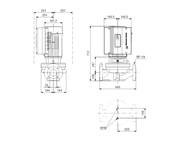 Габариты центробежного насоса Grundfos TPE 32-580/2-S BAQE