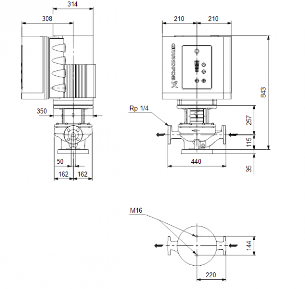 Габариты центробежного насоса Grundfos TPE 50-630/2-S BQQE