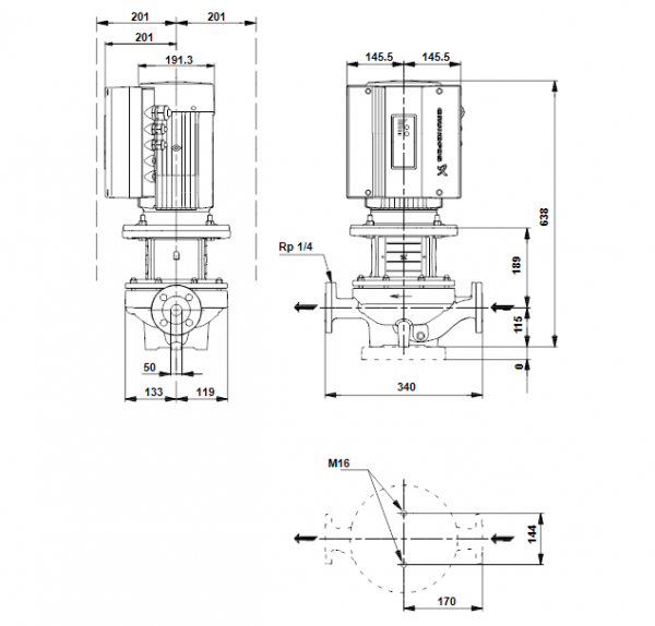 Габариты центробежного насоса Grundfos TPE 50-360/2 BAQE