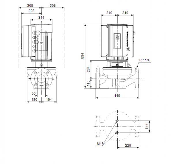 Габариты центробежного насоса Grundfos TPE 50-830/2-S BAQE