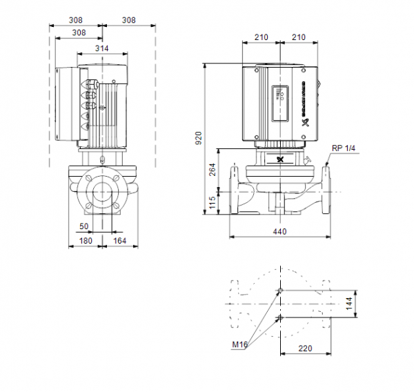 Габариты центробежного насоса Grundfos TPE 50-900/2-S BQQE