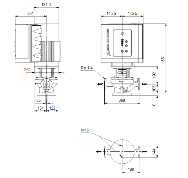 Габариты центробежного насоса Grundfos TPE 65-250/2-S BAQE
