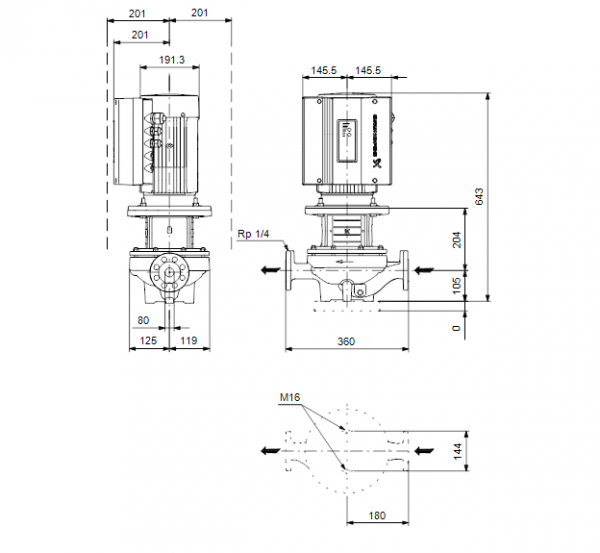Габариты центробежного насоса Grundfos TPE 80-180/2-S BQQE