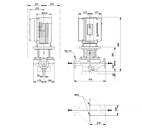Габариты центробежного насоса Grundfos TPE 65-460/2 BQQE