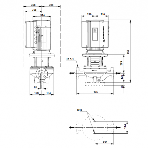 Габариты центробежного насоса Grundfos TPE 65-550/2 BQQE