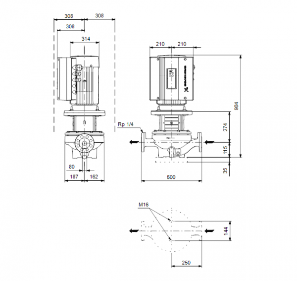 Габариты центробежного насоса Grundfos TPE 80-520/2-S BQQE