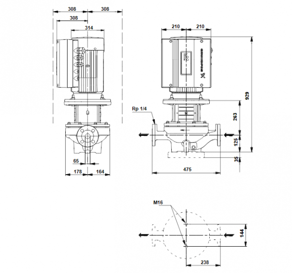 Габариты центробежного насоса Grundfos TPE 65-720/2 BQQE