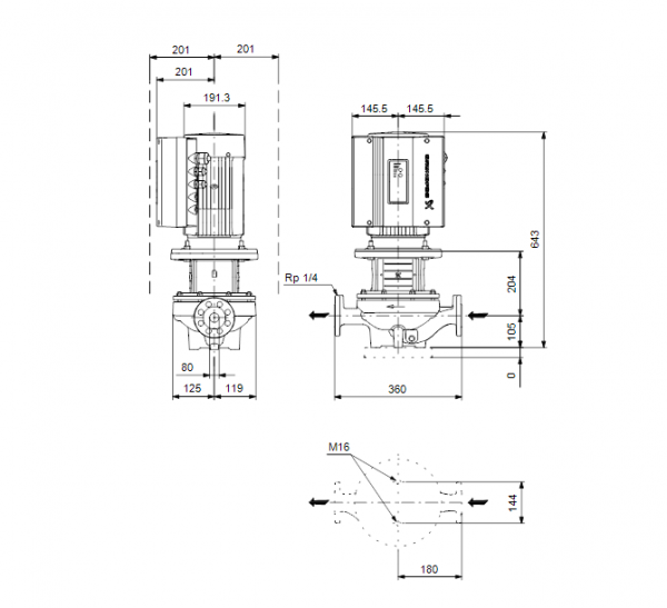 Габариты центробежного насоса Grundfos TPE 80-180/2 BQQE