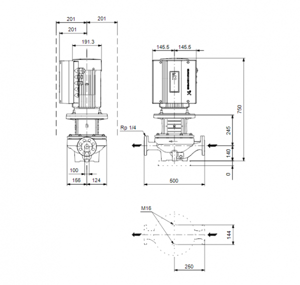 Габариты центробежного насоса Grundfos TPE 100-200/2 BQQE