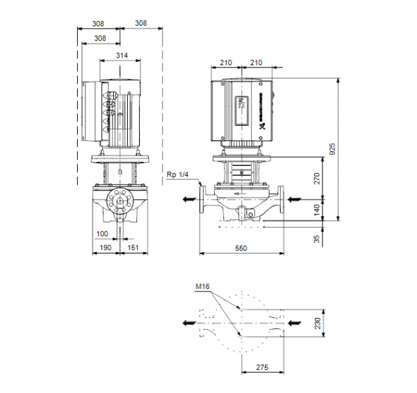 Габариты центробежного насоса Grundfos TPE 100-360/2 BQQE