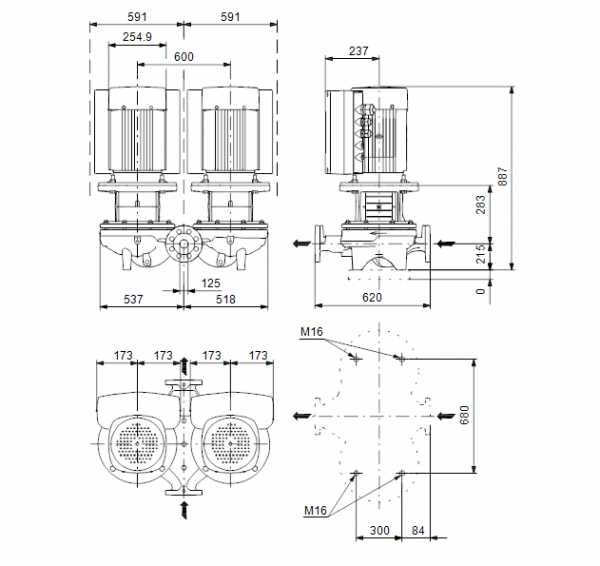 Габариты центробежного сдвоенного насоса Grundfos TPED 125-130/4-S BQQE