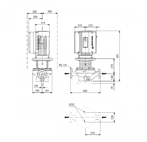Габариты центробежного насоса Grundfos TPE 100-390/2 BQQE