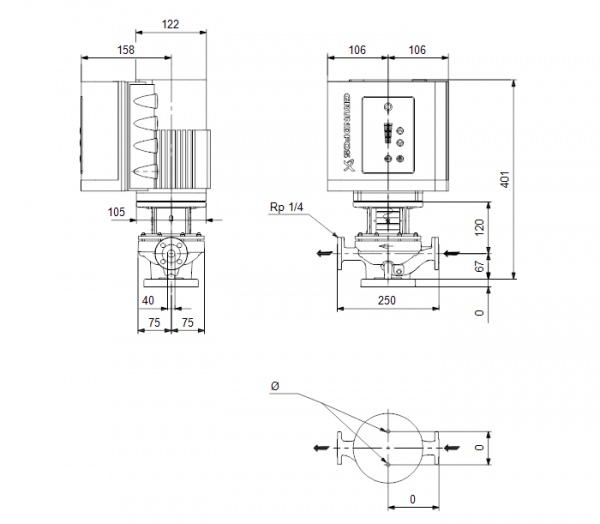 Габариты центробежного насоса Grundfos TPE 40-50/2R BQBE