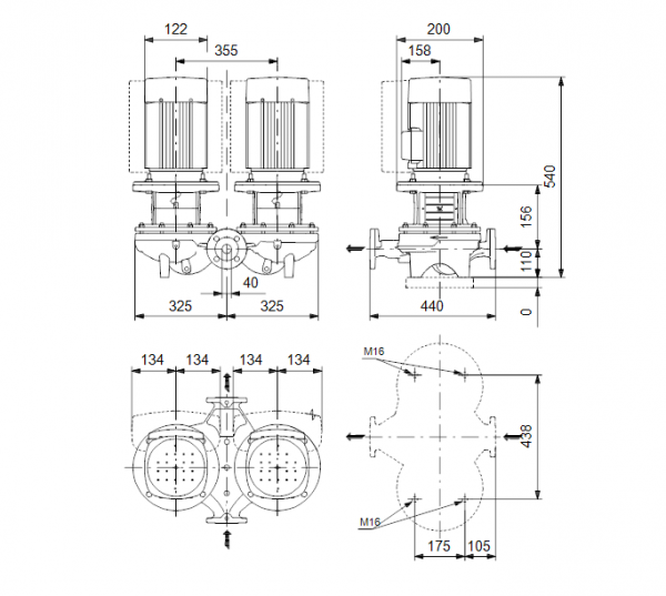 Габариты центробежного сдвоенного насоса Grundfos TPED 40-140/4 BQQE