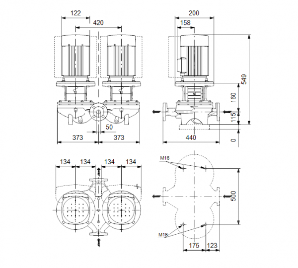 Габариты центробежного сдвоенного насоса Grundfos TPED 50-120/4 BQQE