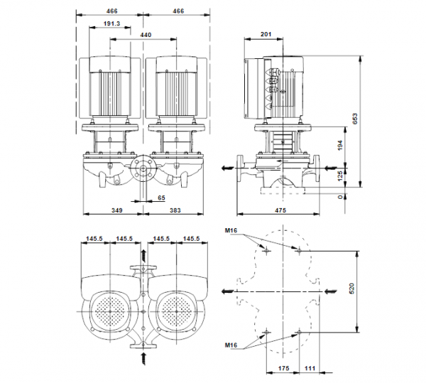 Габариты центробежного сдвоенного насоса Grundfos TPED 65-240/4 BQQE