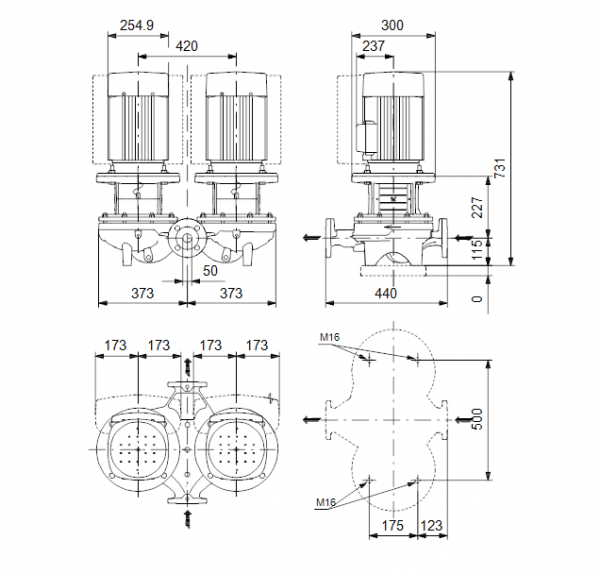 Габариты центробежного сдвоенного насоса Grundfos TPED 50-420/2-S BAQE