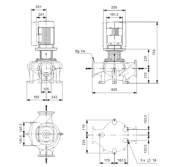 Габариты центробежного насоса Grundfos TPE 125-60/4 BQQE