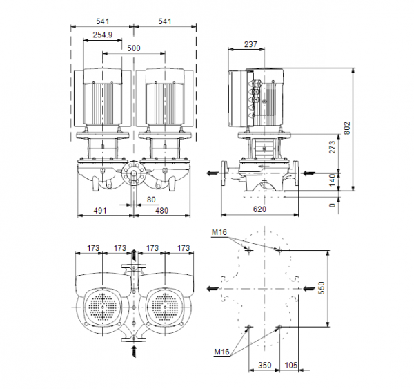 Габариты центробежного сдвоенного насоса Grundfos TPED 80-270/4 BAQE