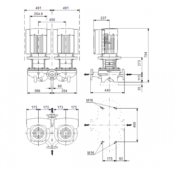 Габариты центробежного сдвоенного насоса Grundfos TPED 80-330/2-S BQQE