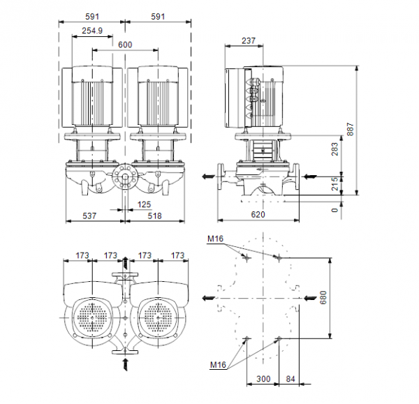 Габариты центробежного сдвоенного насоса Grundfos TPED 125-160/4 BAQE