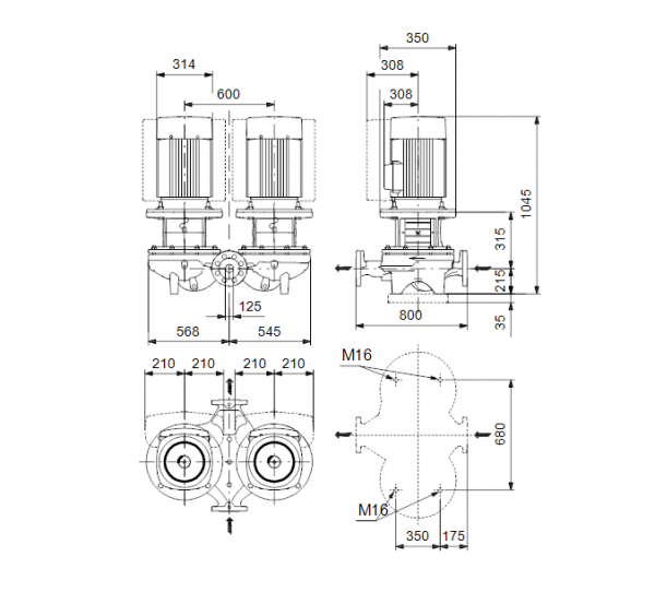 Габариты центробежного сдвоенного насоса Grundfos TPED 125-230/4 BAQE