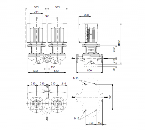 Габариты центробежного сдвоенного насоса Grundfos TPED 150-200/4 BQQE
