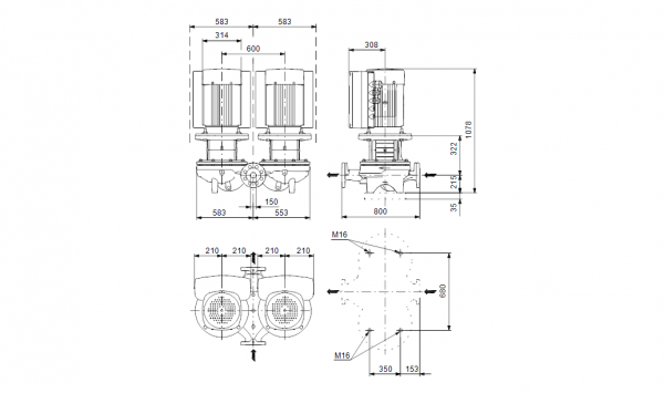 Габариты центробежного сдвоенного насоса Grundfos TPED 150-220/4 BQQE