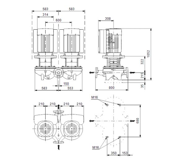 Габариты центробежного сдвоенного насоса Grundfos TPED 150-200/4-S BQQE