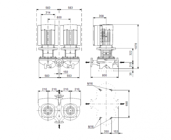 Габариты центробежного сдвоенного насоса Grundfos TPED 150-220/4-S BQQE