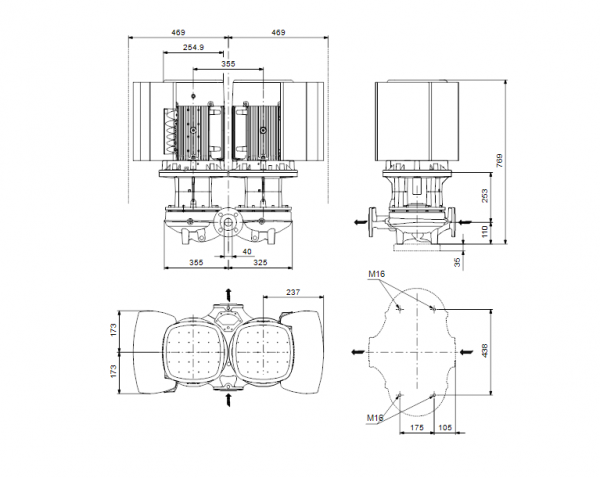 Габариты центробежного сдвоенного насоса Grundfos TPED 40-630/2-S BAQE