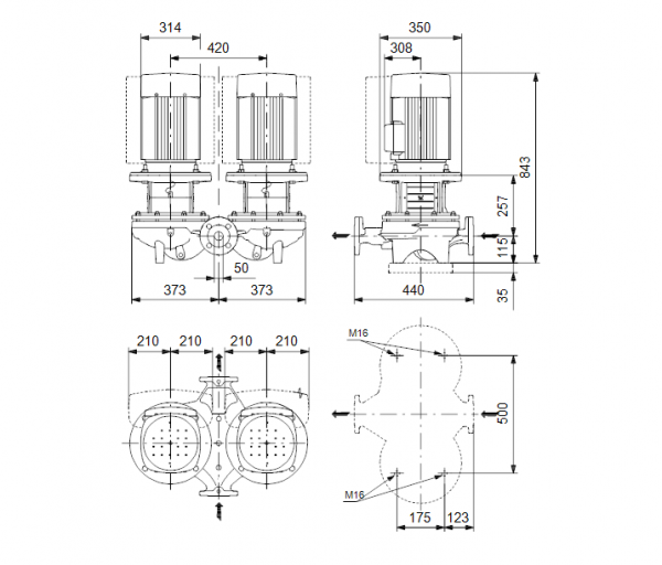 Габариты центробежного сдвоенного насоса Grundfos TPED 50-630/2-S BQQE