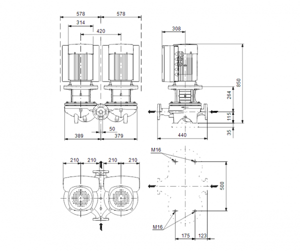 Габариты центробежного сдвоенного насоса Grundfos TPED 50-710/2-S BQQE