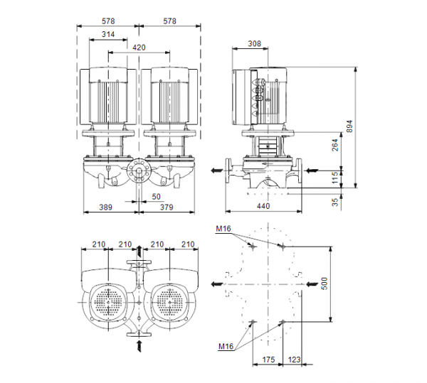 Габариты центробежного сдвоенного насоса Grundfos TPED 50-830/2-S BQQE