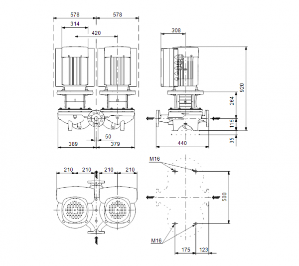 Габариты центробежного сдвоенного насоса Grundfos TPED 50-900/2-S BQQE