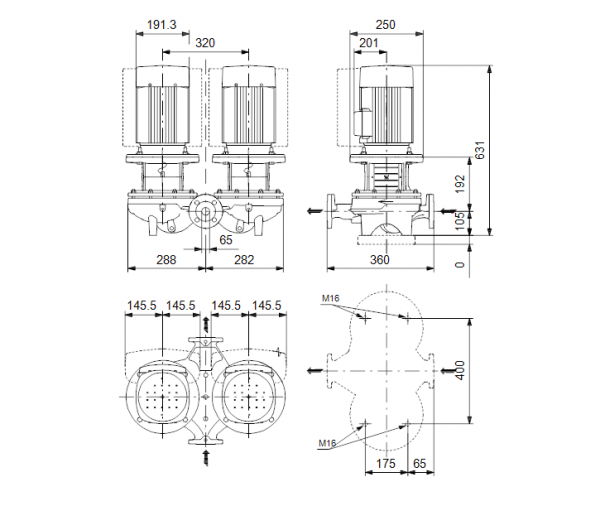 Габариты центробежного сдвоенного насоса Grundfos TPED 65-210/2-S BQQE