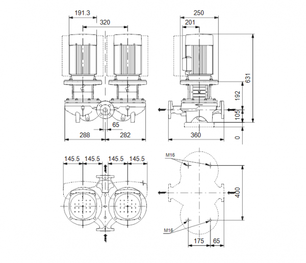 Габариты центробежного сдвоенного насоса Grundfos TPED 65-250/2-S BQQE