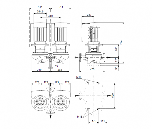 Габариты центробежного сдвоенного насоса Grundfos TPED 65-460/2-S BAQE