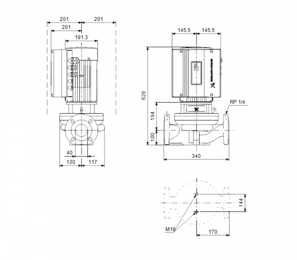 Габариты центробежного насоса Grundfos TPE 40-300/2-S BQQE