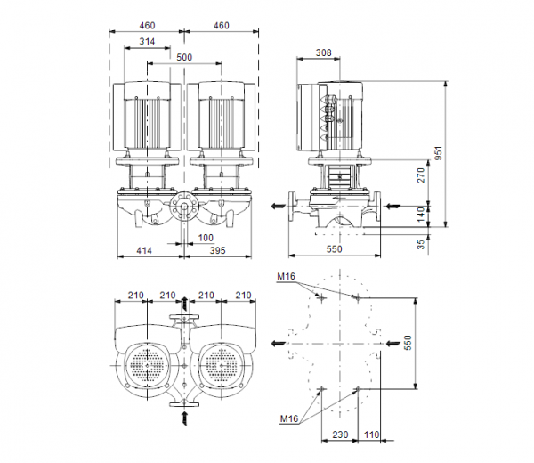 Габариты центробежного сдвоенного насоса Grundfos TPED 100-390/2-S BQQE
