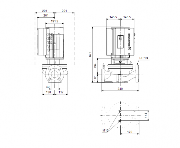Габариты центробежного насоса Grundfos TPE 50-360/2-S BAQE