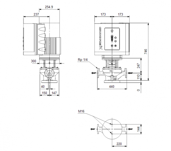 Габариты центробежного насоса Grundfos TPE 40-530/2 BAQE