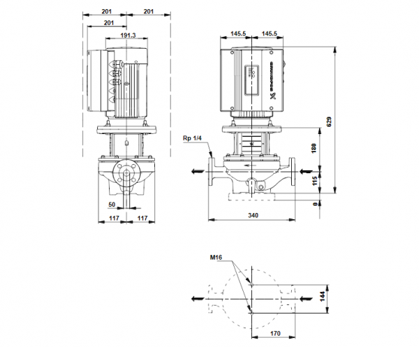 Габариты центробежного насоса Grundfos TPE 50-290/2 BQQE