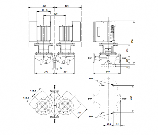 Габариты центробежного сдвоенного насоса Grundfos TPED 50-360/2 BAQE