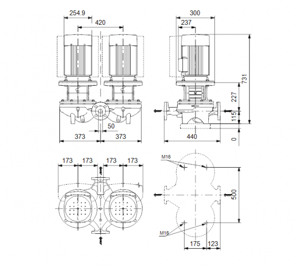 Габариты центробежного сдвоенного насоса Grundfos TPED 50-420/2 BAQE